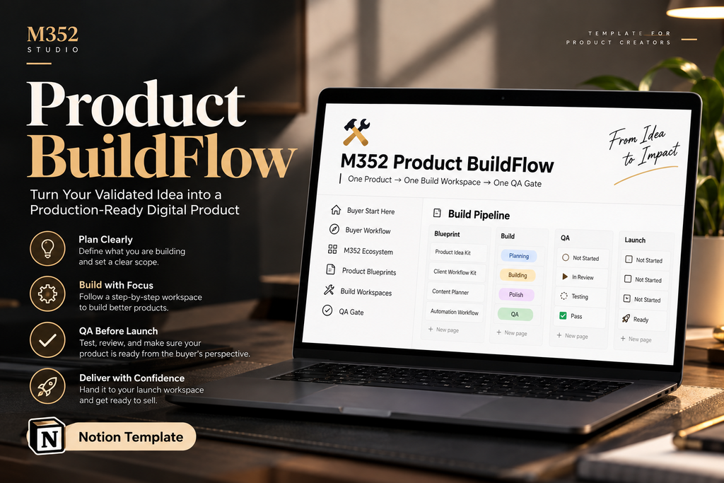 M352 Product BuildFlow Notion template cover showing the complete product build and QA workflow