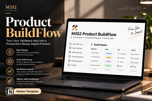 M352 Product BuildFlow Notion template cover showing the complete product build and QA workflow