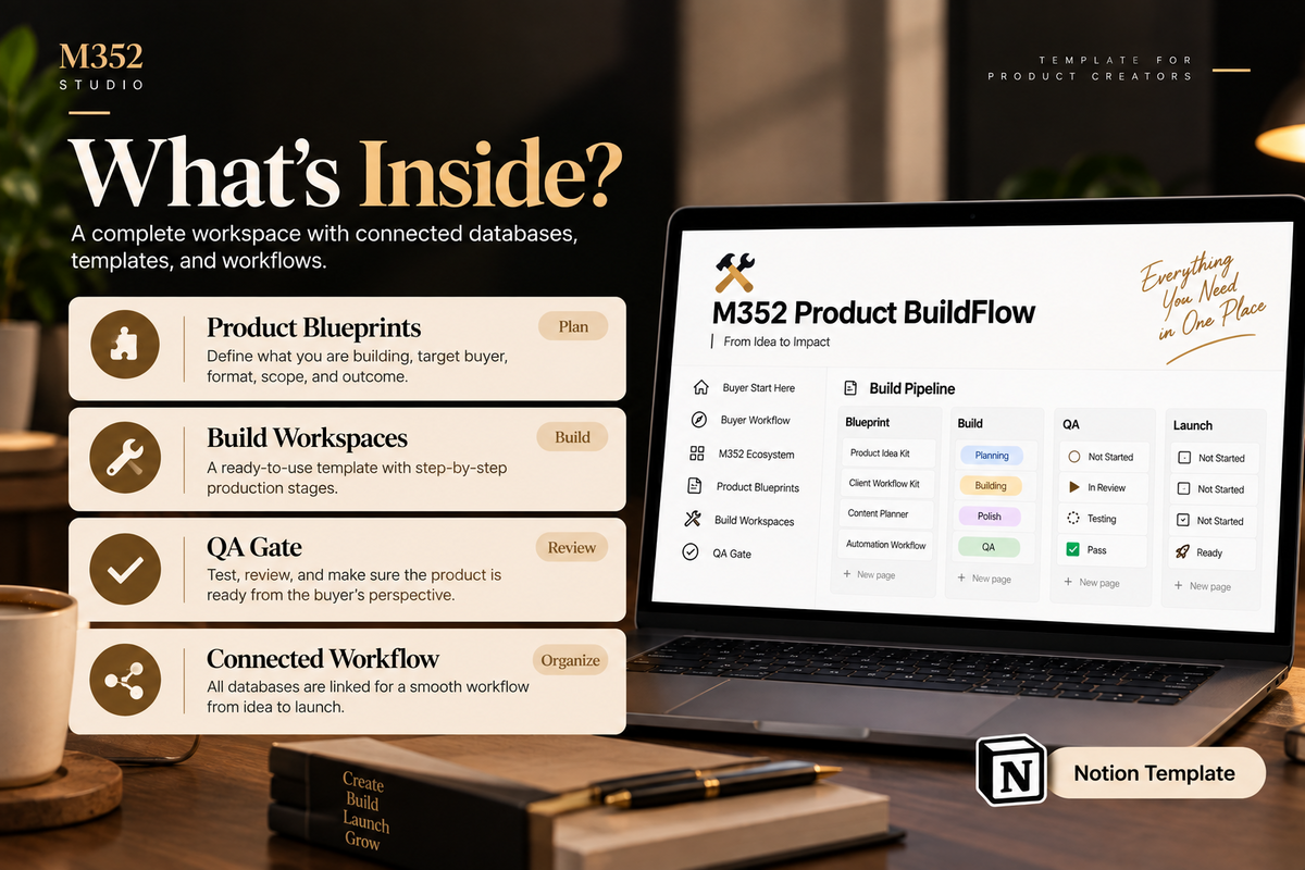 M352 Product BuildFlow connected system with Product Blueprints, Build Workspaces, QA Gate, and workflow tracking