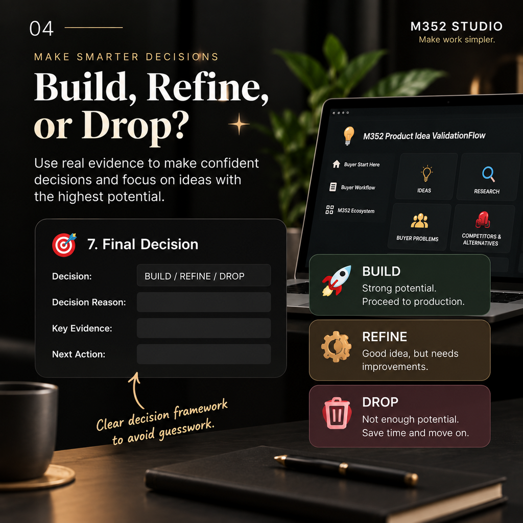 M352 Product Idea ValidationFlow BUILD REFINE DROP decision framework for evaluating product ideas