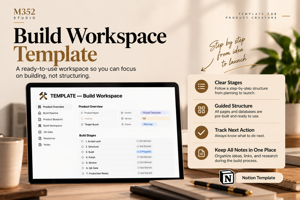 M352 Product BuildFlow build workspace template with scope lock, build stages, review, and next action tracking