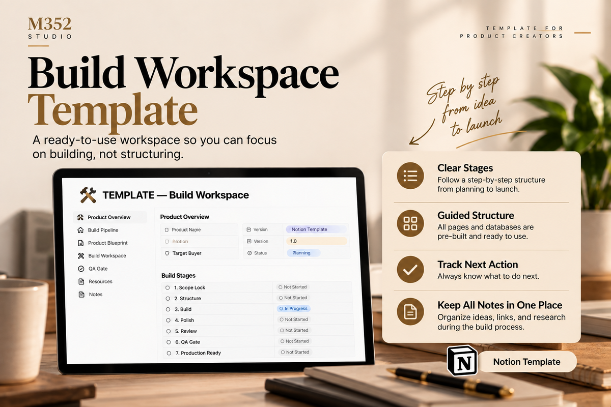 M352 Product BuildFlow build workspace template with scope lock, build stages, review, and next action tracking