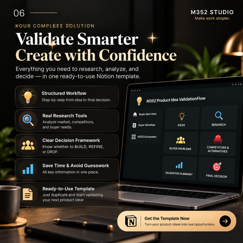 M352 Product Idea ValidationFlow complete solution for research, buyer insights, competitor analysis, and confident decisions