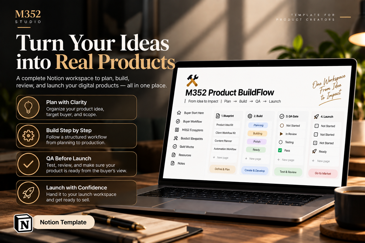 M352 Product BuildFlow complete Notion solution to plan, build, QA, and launch digital products