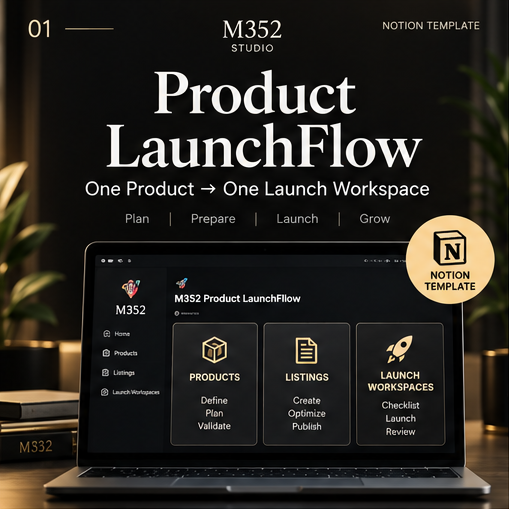 M352 Product LaunchFlow V1 Notion template cover showing Products, Listings, and Launch Workspaces