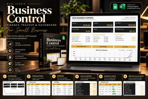 M352 Business Control finance tracker and dashboard showing revenue, expenses, profit, goals and pricing tools