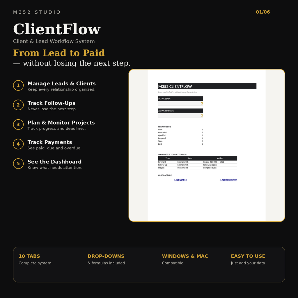 M352 ClientFlow client and lead workflow system showing the complete workflow from lead to paid