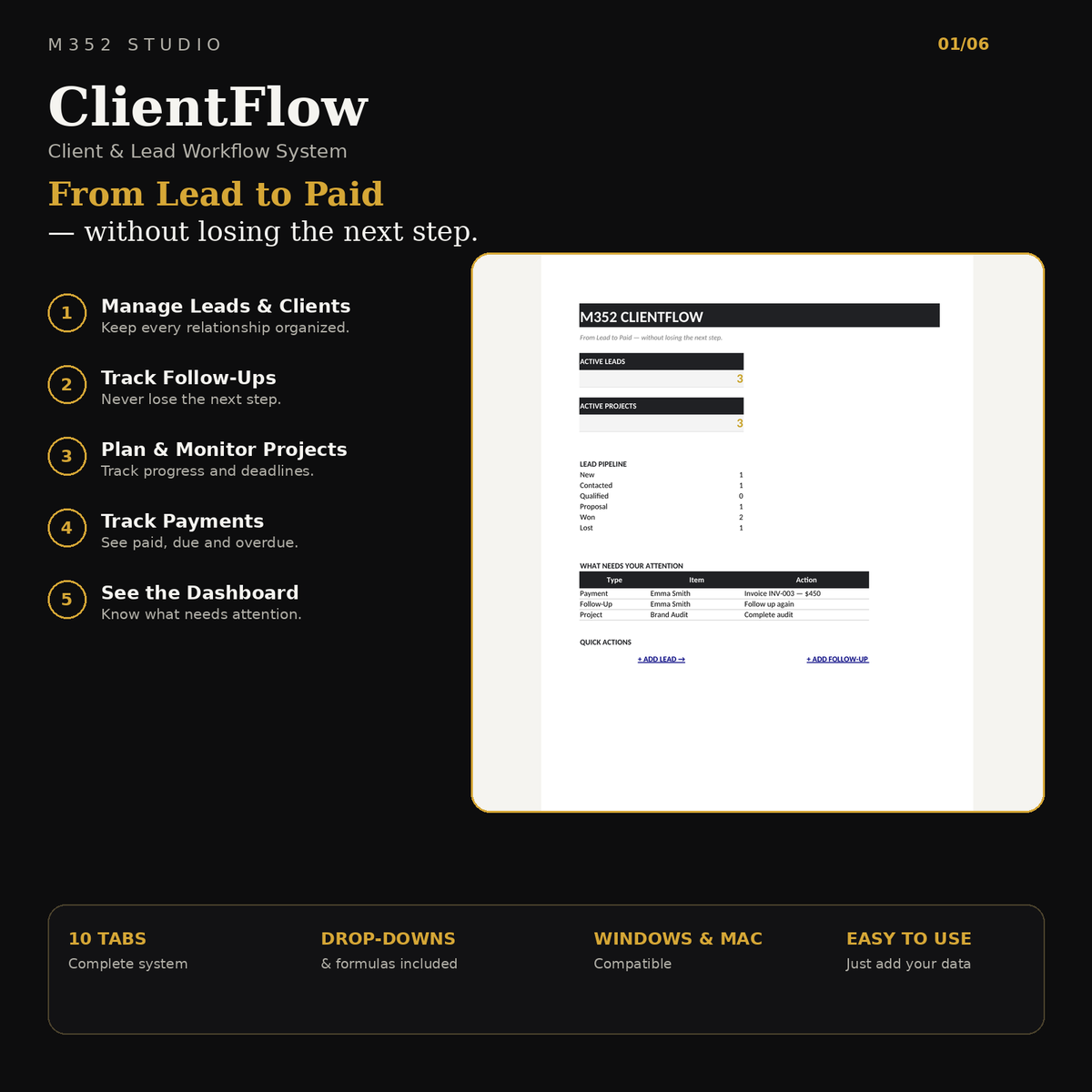 M352 ClientFlow client and lead workflow system showing the complete workflow from lead to paid