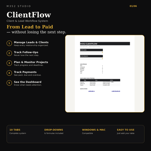 M352 ClientFlow client and lead workflow system showing the complete workflow from lead to paid