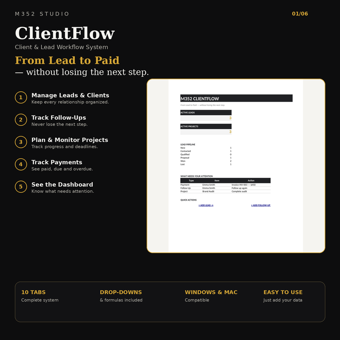 M352 ClientFlow client and lead workflow system showing the complete workflow from lead to paid
