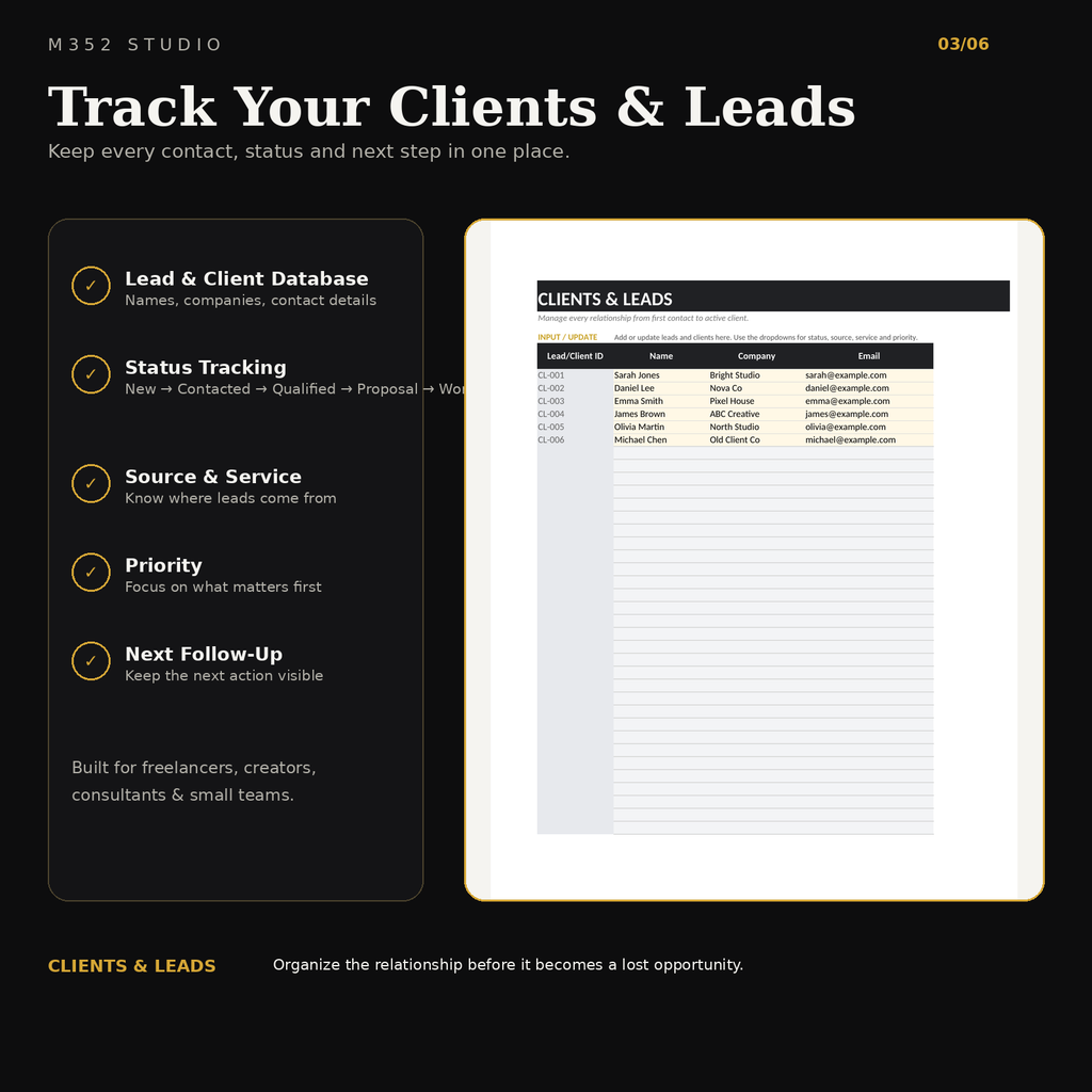 M352 ClientFlow clients and leads tracker with status, source, service, priority and next follow-up