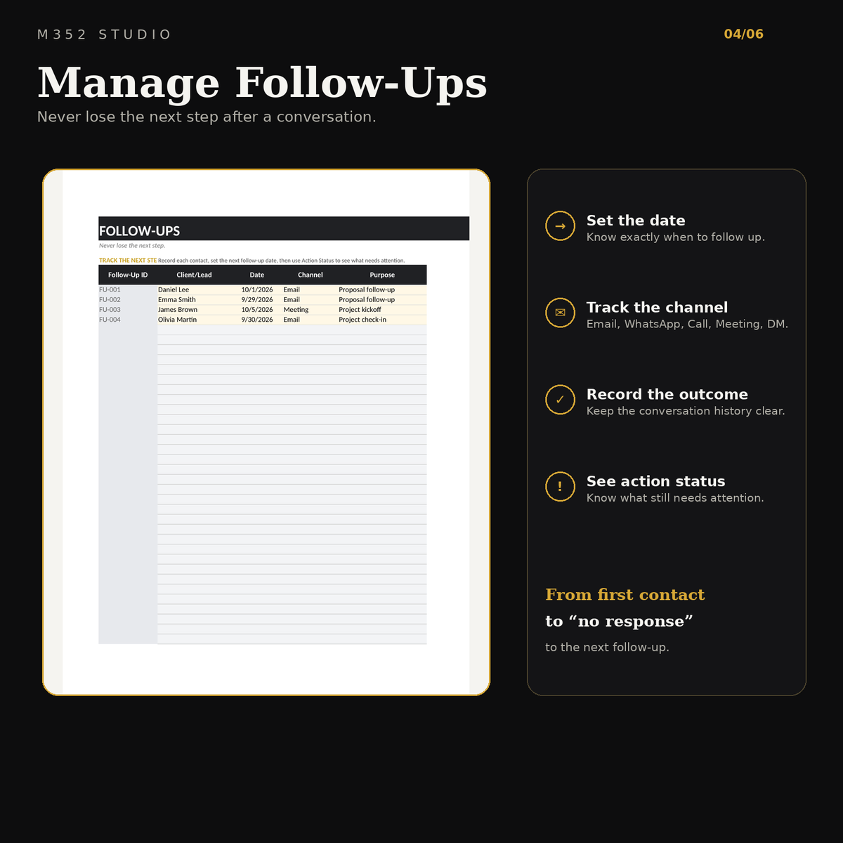 M352 ClientFlow follow-up tracker showing dates, channels, outcomes and action status