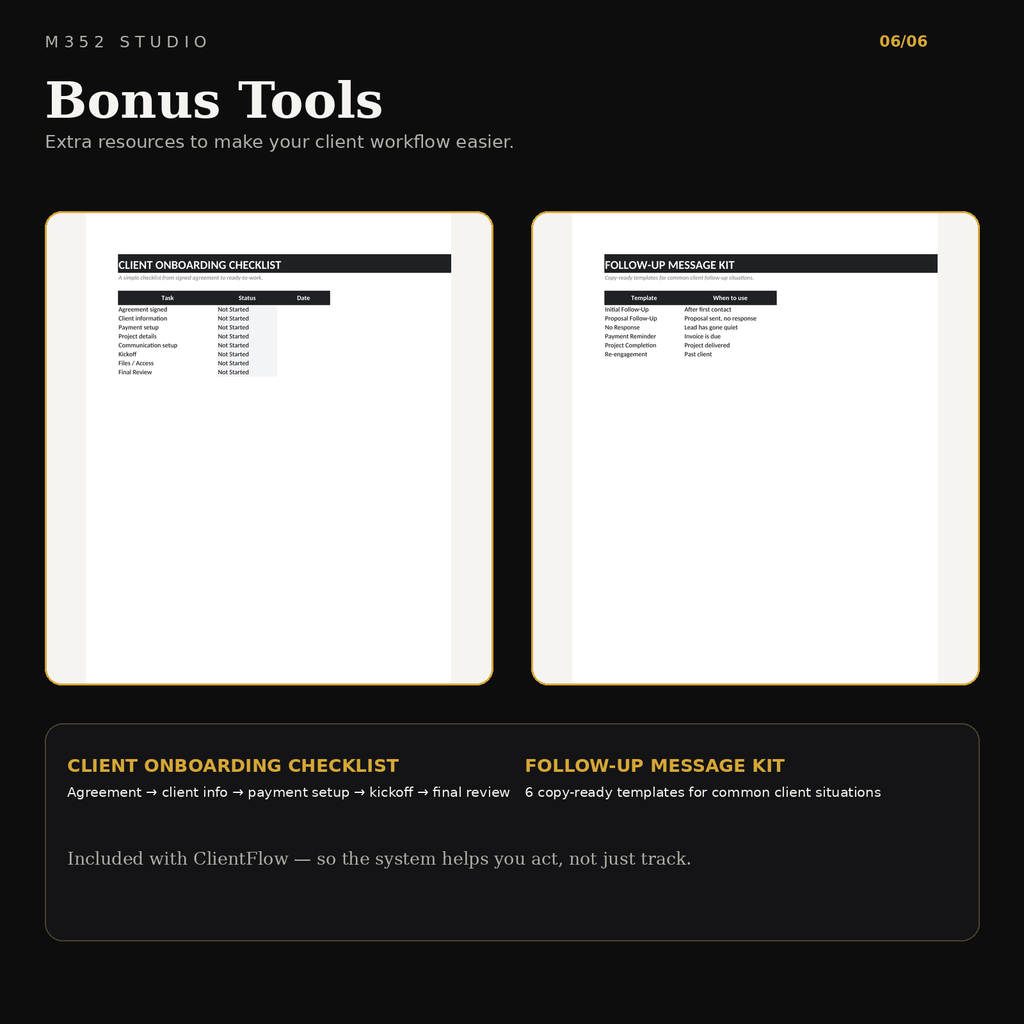 M352 ClientFlow bonus tools including client onboarding checklist and follow-up message kit