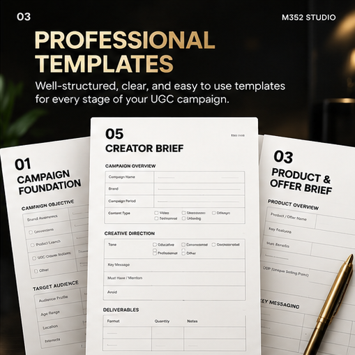Professional UGC campaign templates including Campaign Foundation, Creator Brief, and Product and Offer Brief